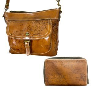 Patricia Nash Brown Map Print Crossbody Leather Purse and Wallet Clutch - READ
